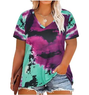 Women Casual Plus Size 3D Printed V-Neck Short-Sleeve T-Shirt