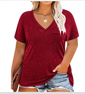 Women Casual Plus Size 3D Printed V-Neck Short-Sleeve T-Shirt
