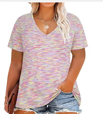 Women Casual Plus Size 3D Printed V-Neck Short-Sleeve T-Shirt