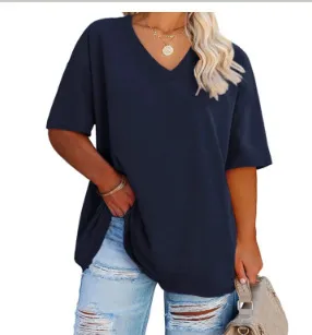 Women Casual Plus Size 3D Printed V-Neck Short-Sleeve T-Shirt
