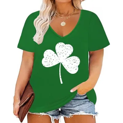 Women Casual Plus Size 3D Printed V-Neck Short-Sleeve T-Shirt