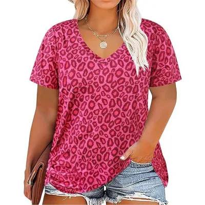 Women Casual Plus Size 3D Printed V-Neck Short-Sleeve T-Shirt