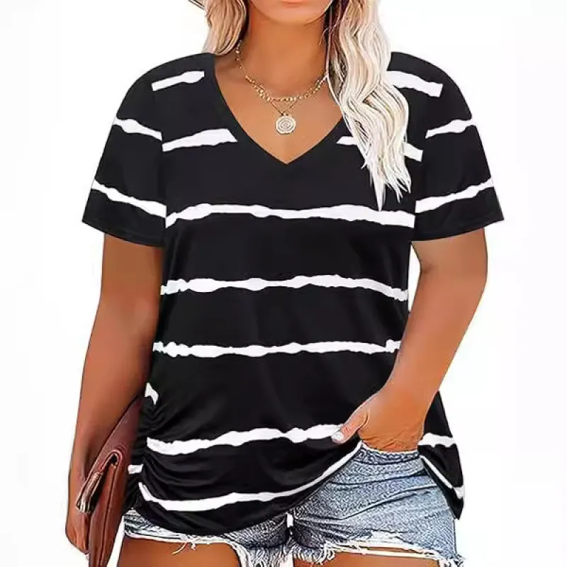 Women Casual Plus Size 3D Printed V-Neck Short-Sleeve T-Shirt