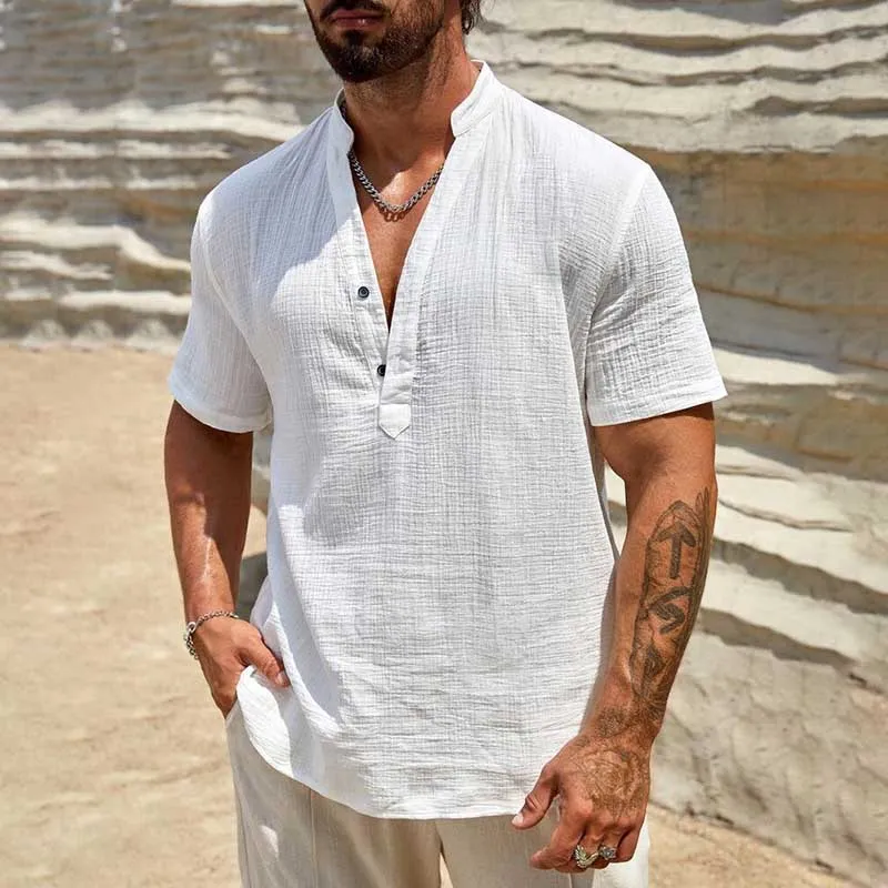 Men's Light Cooked Leisure Solid Color Stand Collar Short Sleeve Cotton Blend Shirt