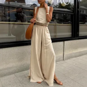 Women Casual Solid Color Rayon Linen Sleeveless Top And Side Slit Pants Two-Piece Set