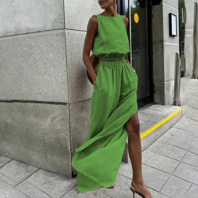 Women Casual Solid Color Rayon Linen Sleeveless Top And Side Slit Pants Two-Piece Set