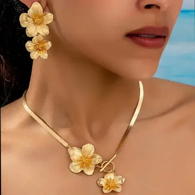 Fashion Elegant Alloy Floral Pendant Necklace Earrings Set