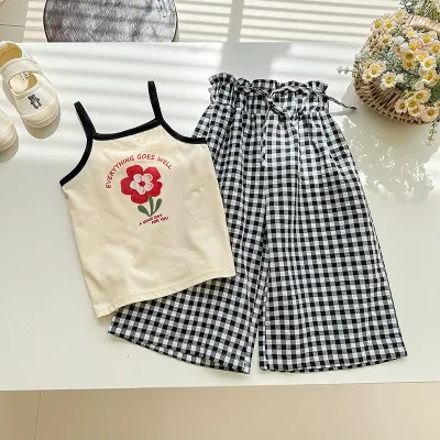 Girls Fashion Casual Cotton Floral Printed Camisole and Wide Leg Plaid Pants Two-Piece Set