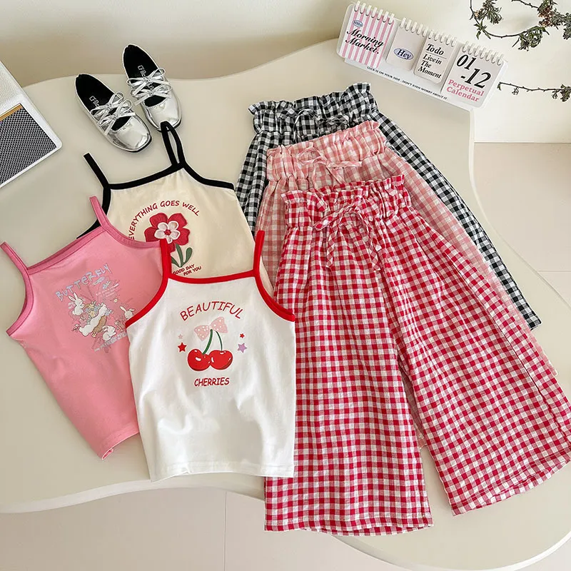 Girls Fashion Casual Cotton Floral Printed Camisole and Wide Leg Plaid Pants Two-Piece Set