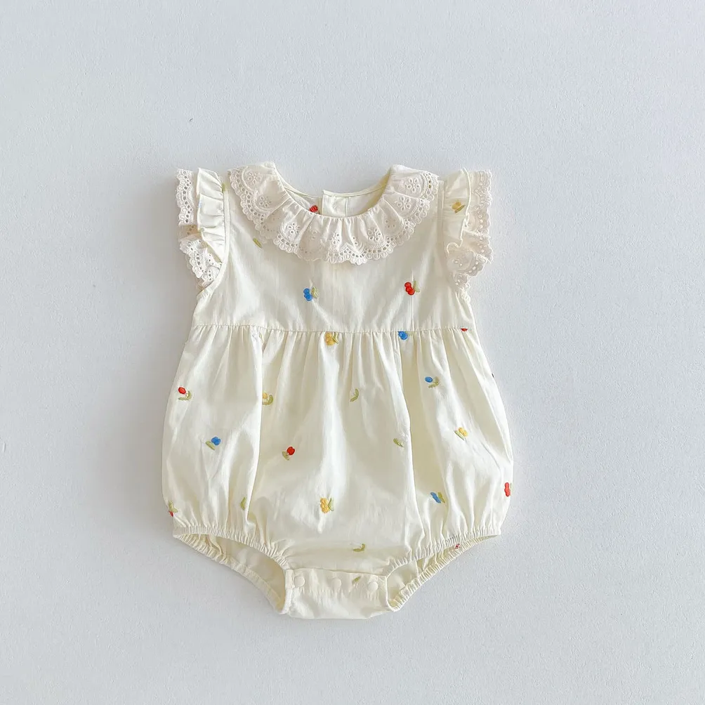 Baby Girl Sweet Floral Embroidered Lace Splicing Sleeveless Bodysuit