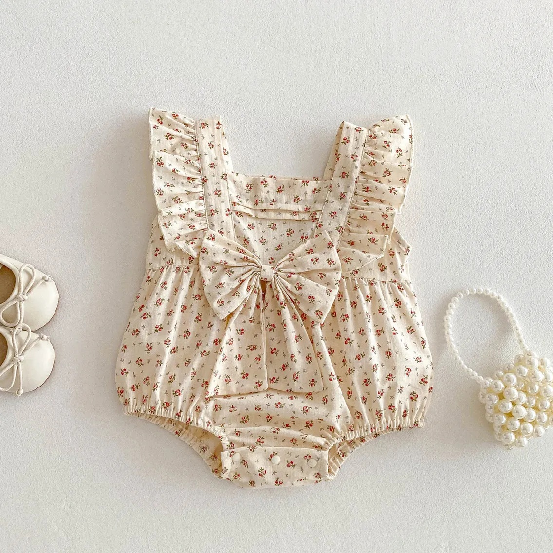 Baby Girl Fashion Short Sleeve Floral Printed Bodysuit Pullover Cotton