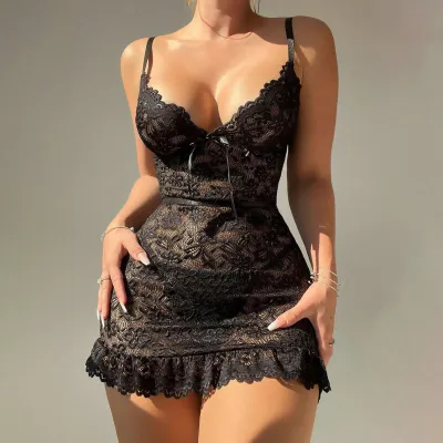 Women Fashion Solid Color Lace V-Neck Spaghetti Strap Sexy Lingerie Pajamas