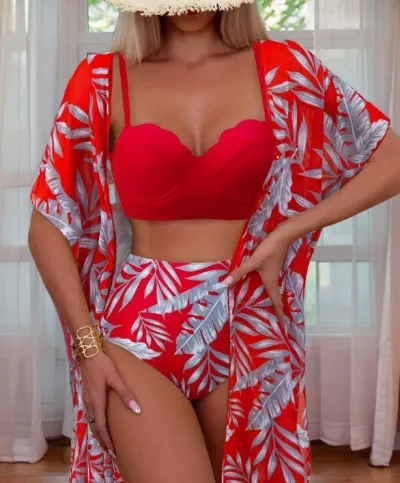 Women Fashion Maple Leaf Printed Mesh Coat Camisole High Waist Shorts Swimsuit Set