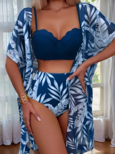 Women Fashion Maple Leaf Printed Mesh Coat Camisole High Waist Shorts Swimsuit Set