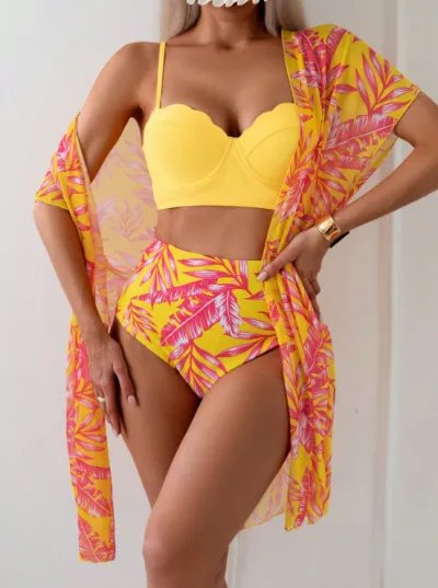 Women Fashion Maple Leaf Printed Mesh Coat Camisole High Waist Shorts Swimsuit Set
