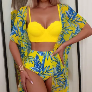 Women Fashion Maple Leaf Printed Mesh Coat Camisole High Waist Shorts Swimsuit Set