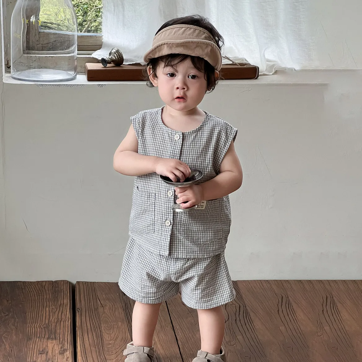 Baby Fashion Casual Plaid Sleeveless Tank Top Loose Shorts Two-Piece Set