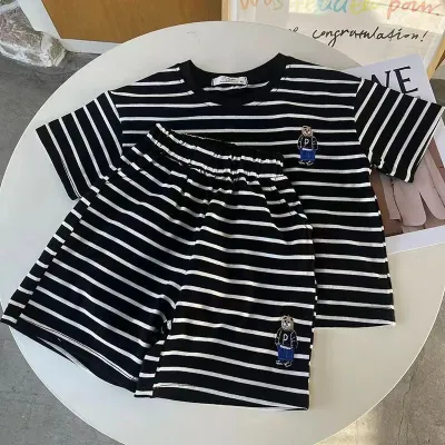 Boy's Casual Striped Bear Short Sleeve T-Shirt and Shorts Two-Piece Set for Baby Boys 0-3T