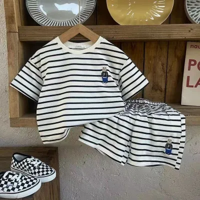 Boy's Casual Striped Bear Short Sleeve T-Shirt and Shorts Two-Piece Set for Baby Boys 0-3T