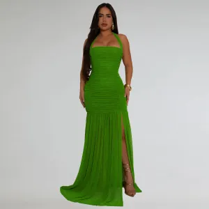 Women Sexy Solid Color Pleated Mesh Halter-Neck Backless Split Maxi Dress