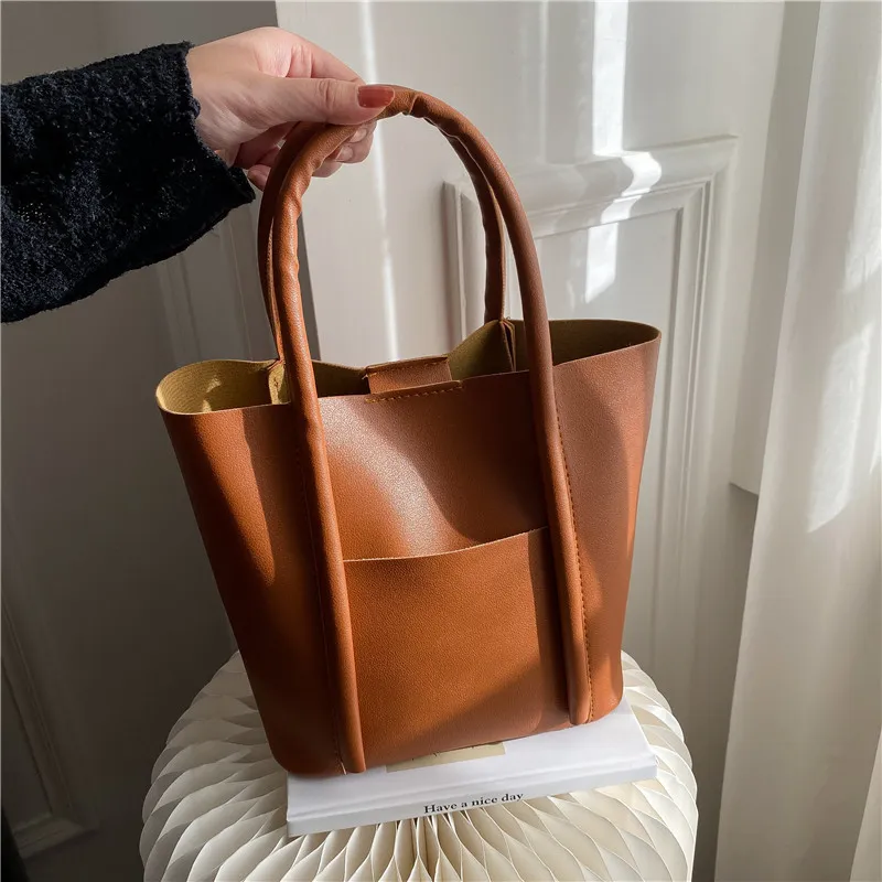 Women Fashion Casual Solid Color Large Capacity Bucket Handbag