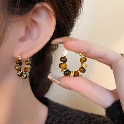 Women Fashion Retro Tiger Eye Beads Earrings Maillard Wind
