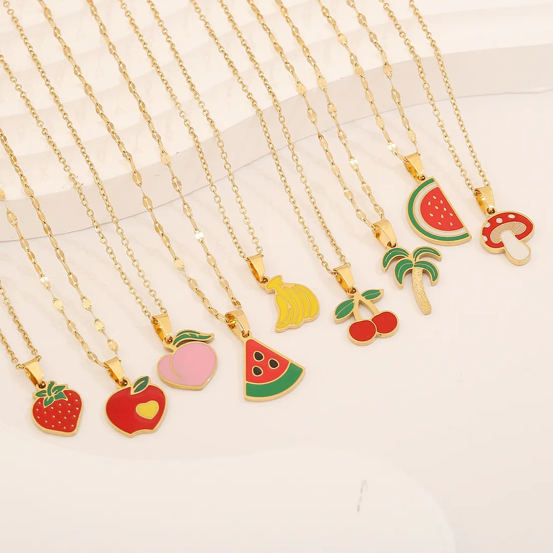 Women Fashion Cute Strawberry Cherry Fruit Pendant Necklace Stainless Steel