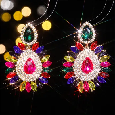 Women Fashion Exaggerated Multicolor Glass Rhinestone Earrings Geometric Personality Trend