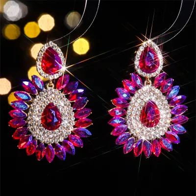 Women Fashion Exaggerated Multicolor Glass Rhinestone Earrings Geometric Personality Trend