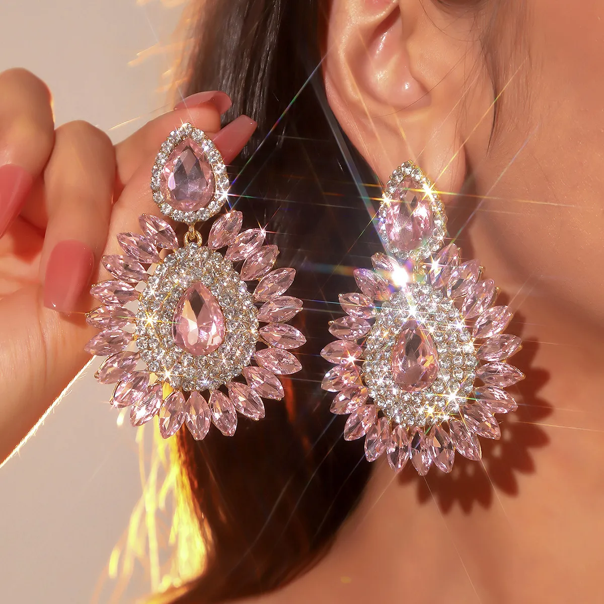 Women Fashion Exaggerated Multicolor Glass Rhinestone Earrings Geometric Personality Trend