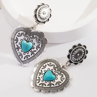 Women Fashion Retro Exaggerated Turquoise Love Heart Round Earrings