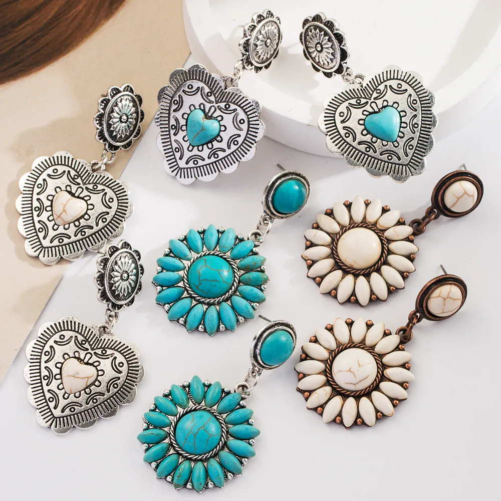 Women Fashion Retro Exaggerated Turquoise Love Heart Round Earrings