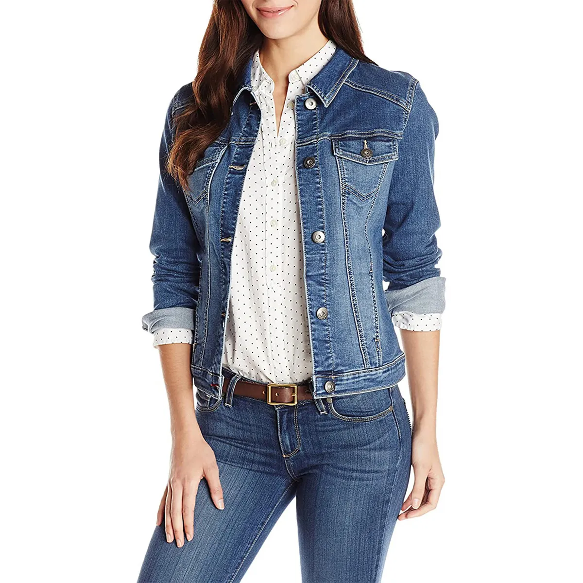Women's Casual Cotton Lapel Long-Sleeve Slim-Fit Denim Jacket