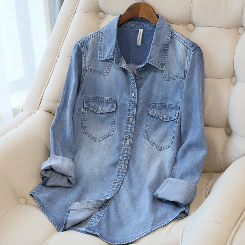 Women Casual Lapel Long-Sleeve Thin Loose Denim Coat