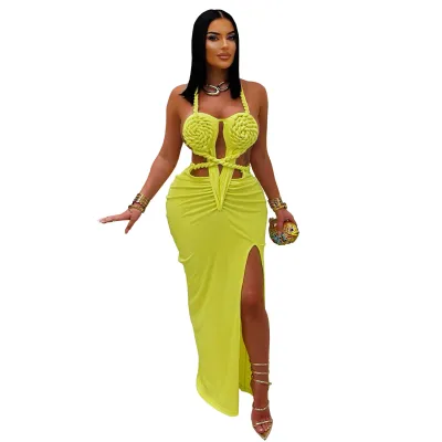 Women Sexy Hollow-Out Halter-Neck Backless Maxi Dress