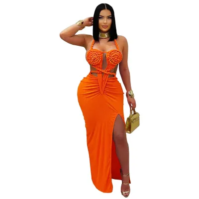 Women Sexy Hollow-Out Halter-Neck Backless Maxi Dress