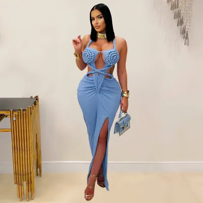 Women Fashion Sexy Solid Color Hollow-Out Halter-Neck Backless Dress