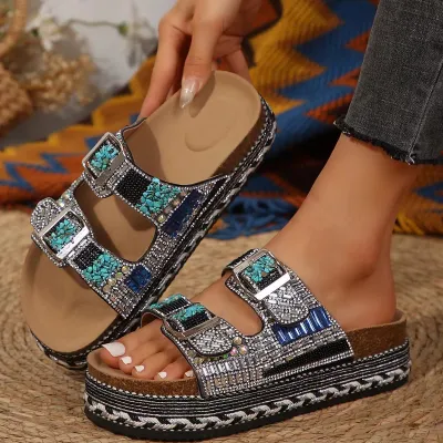 Women Retro Double Buckle Rhinestone PU Thick Bottom Platform Slippers Round Toe