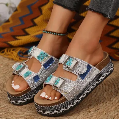 Women Retro Double Buckle Rhinestone PU Thick Bottom Platform Slippers Round Toe
