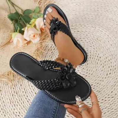 Women Fashion Casual Solid Color Woven Floral Round Toe Flat Slippers Plus Size