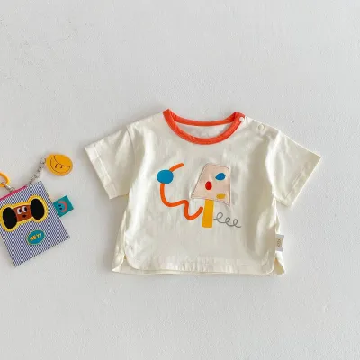 Kids Boys Girls Stripe Cartoon Cotton T-Shirt Short Sleeve Crewneck