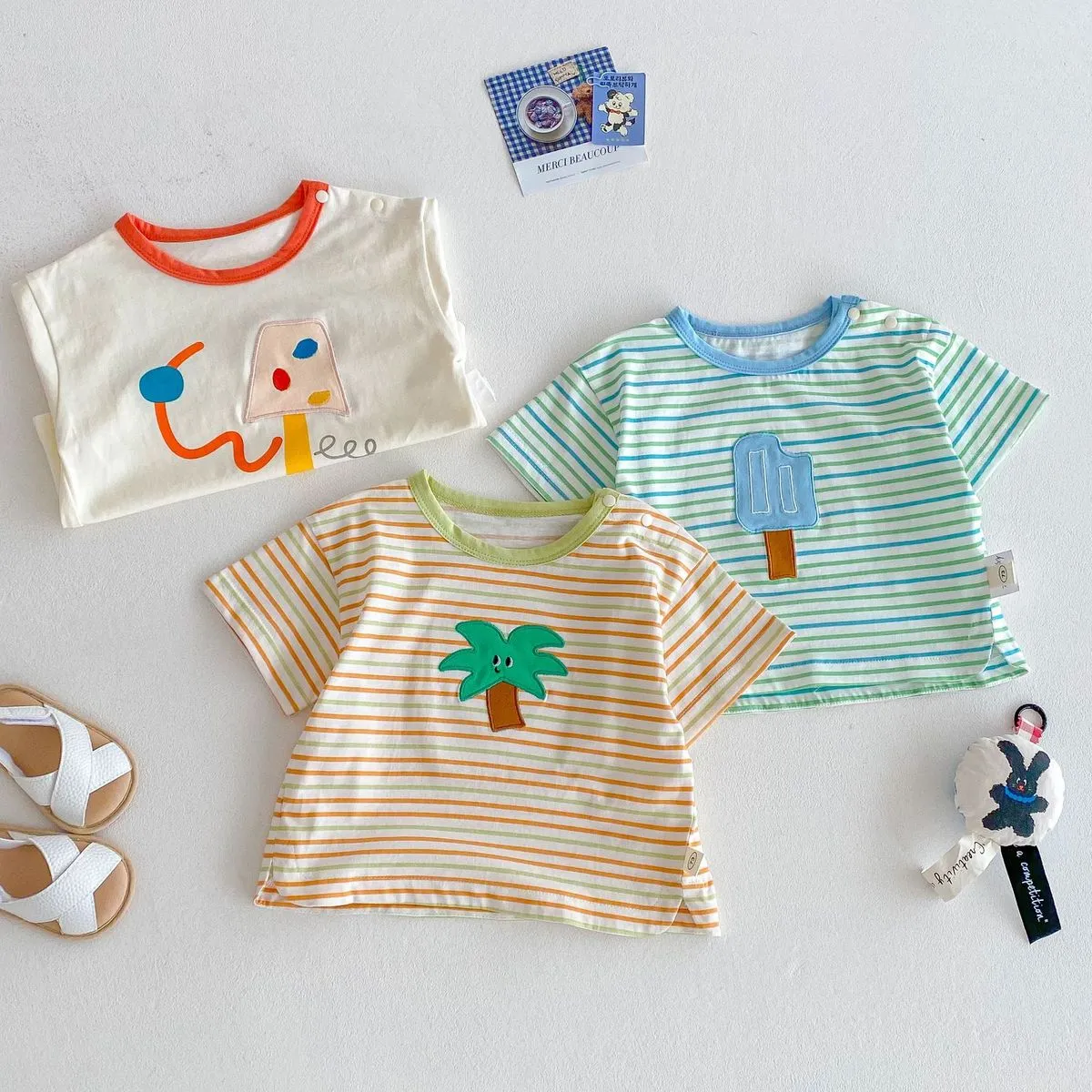 Kids Boys Girls Stripe Cartoon Cotton T-Shirt Short Sleeve Crewneck