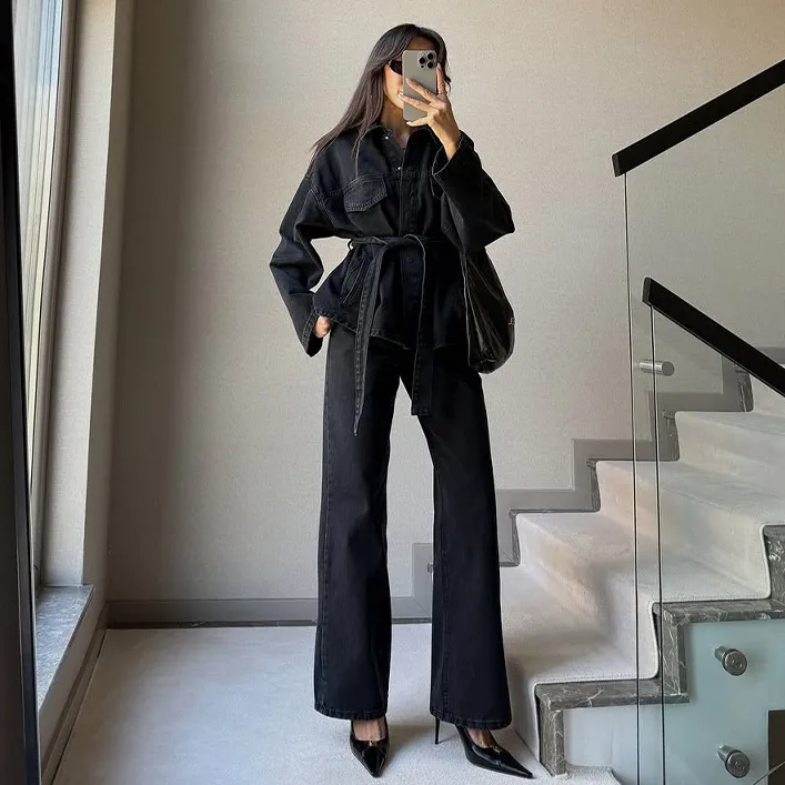 Women Casual Denim Lapel Long Sleeve Coat Loose Jeans Two-Piece Set