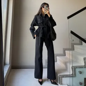 Women Casual Denim Lapel Long Sleeve Coat Loose Jeans Two-Piece Set