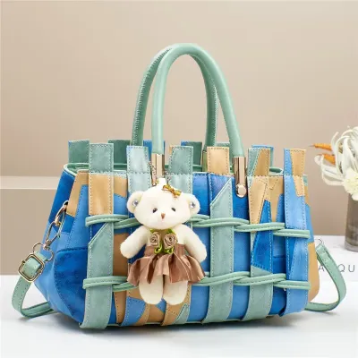 Women Fashion Retro Contrast Color Woven Large Capacity Bear Pendant Handbag Tote PU