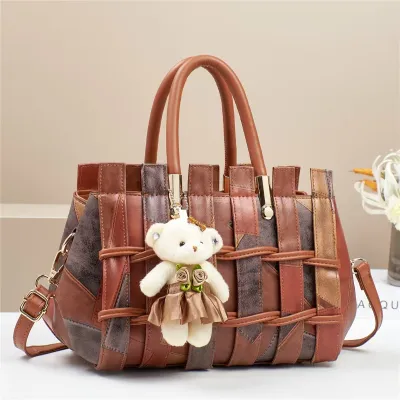 Women Fashion Retro Contrast Color Woven Large Capacity Bear Pendant Handbag Tote PU