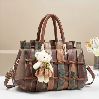 Women Fashion Retro Contrast Color Woven Large Capacity Bear Pendant Handbag Tote PU