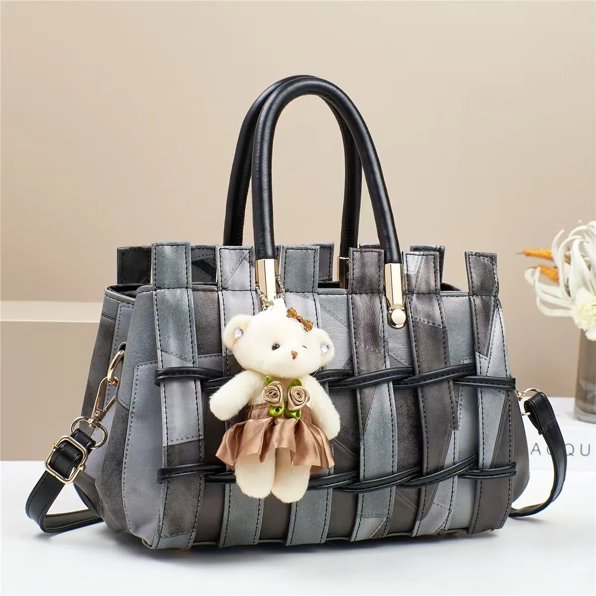 Women Fashion Retro Contrast Color Woven Large Capacity Bear Pendant Handbag Tote PU