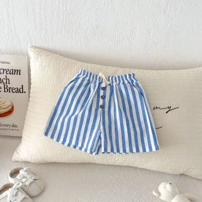 Summer Kids Boys Girls Stripe Lace-Up Shorts Casual Cotton Mid-Waist