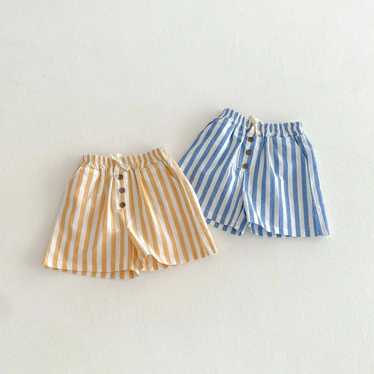 Summer Kids Boys Girls Stripe Lace-Up Shorts Casual Cotton Mid-Waist